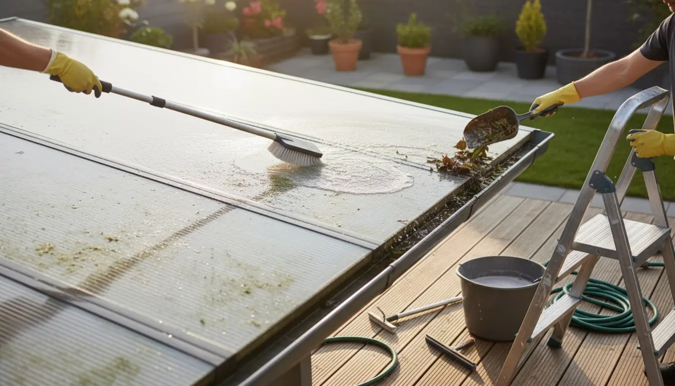 Person renser et plastiktag og fjerner blade fra tagrenden over en overdækket terrasse.