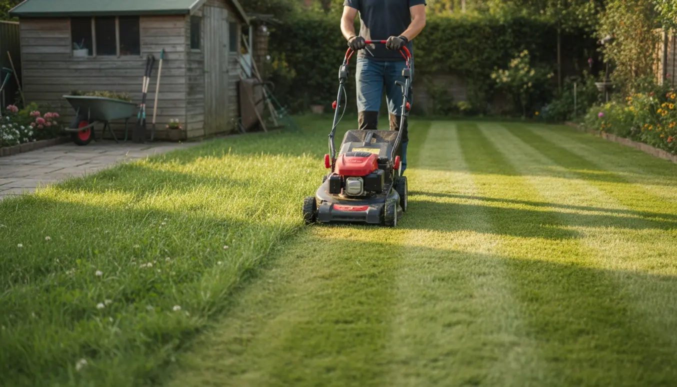 Halv slået græsplæne med en moderne plæneklipper og nyslået stribet græs i en velholdt have.