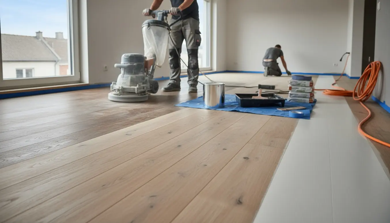 Delvist slebet trægulv med værktøj og hvid mat lak i en lys lejlighed, uden synlige ansigter.