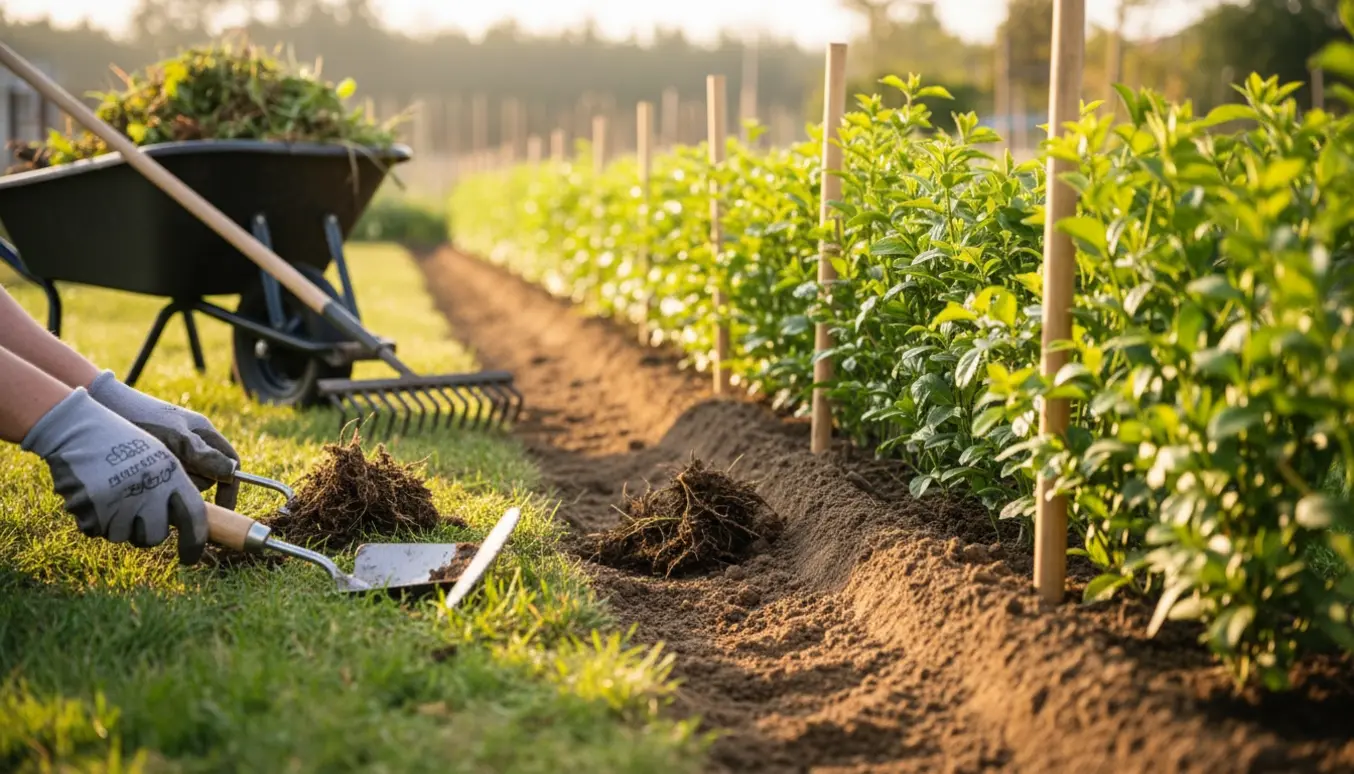 Nærbillede af fjernelse af ukrudt og græs under en nyplantet hæk med en smal bar jordstribe under hækken.