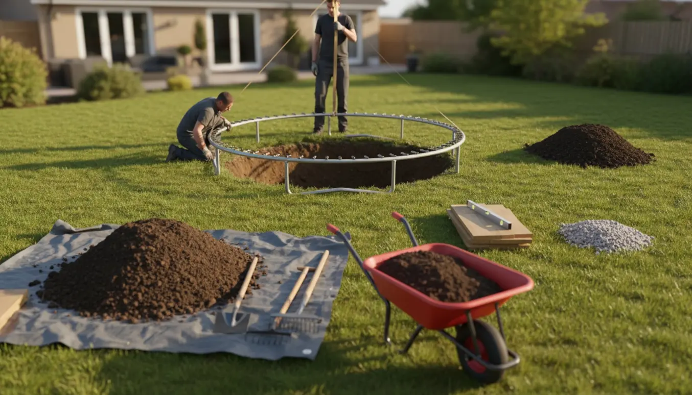 Håndværkere graver hul til en nedgravet trampolin med jord i trillebør og værktøj i baggrunden.
