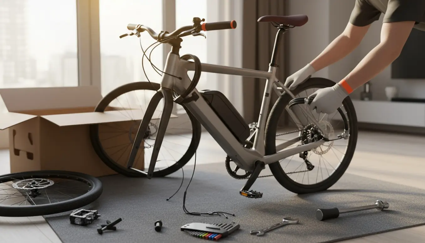 Hænder samler en ny elcykel indendørs, mens en lås monteres på stellet.