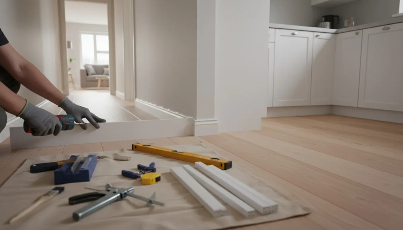 Hænder monterer hvid fodliste i entreen med værktøj og materialer ved siden af.