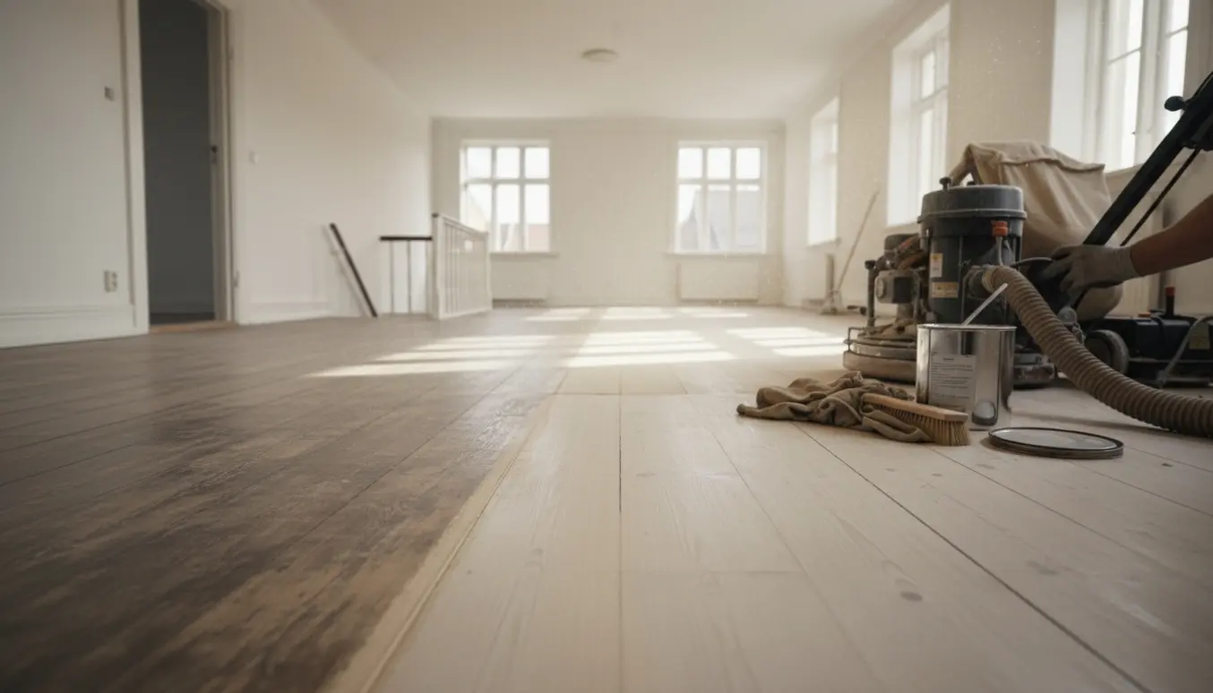 Udmøbleret københavnerlejlighed med delvist slebet trægulv, slibemaskine og hvid olie klar til påføring.