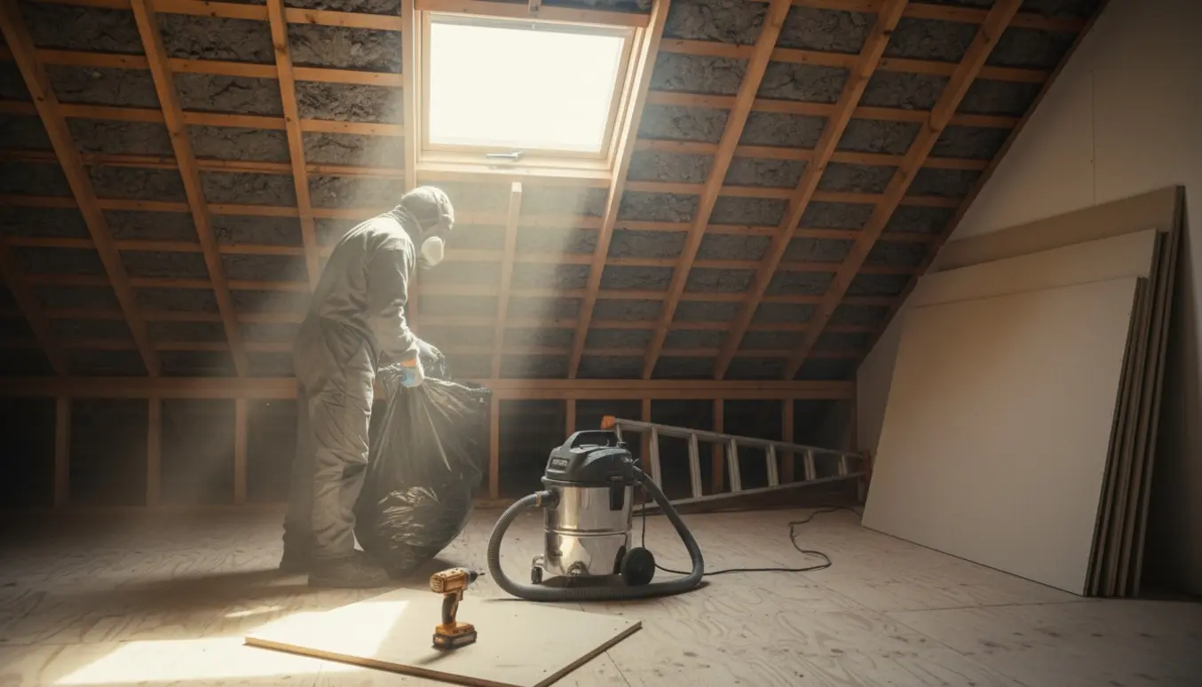 Hænder i handsker forsejler gammel loftsisolering i plastposer i et loft med nye gipsplader klar ved siden af.