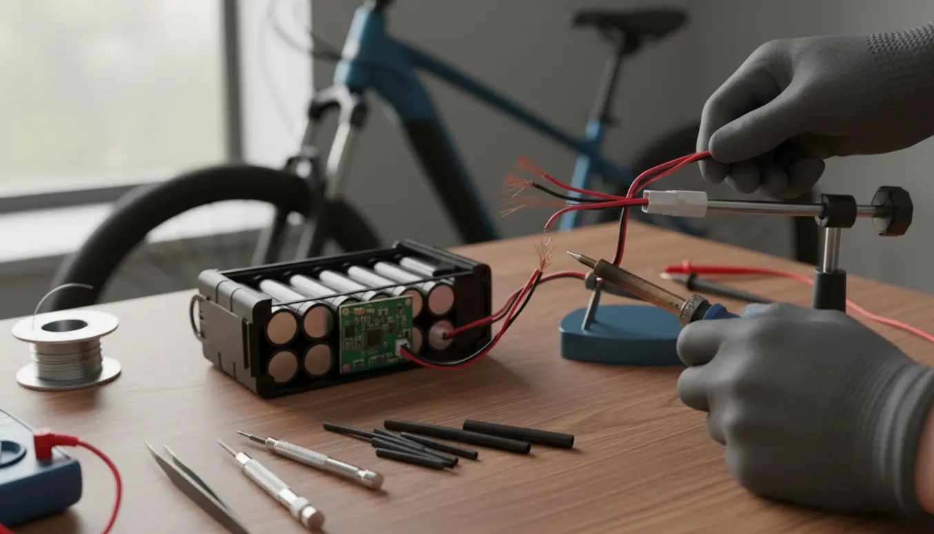 Hænder i handsker reparerer et elcykelbatteri på et rydeligt værkstedsbord med loddekolbe og løs ledning.