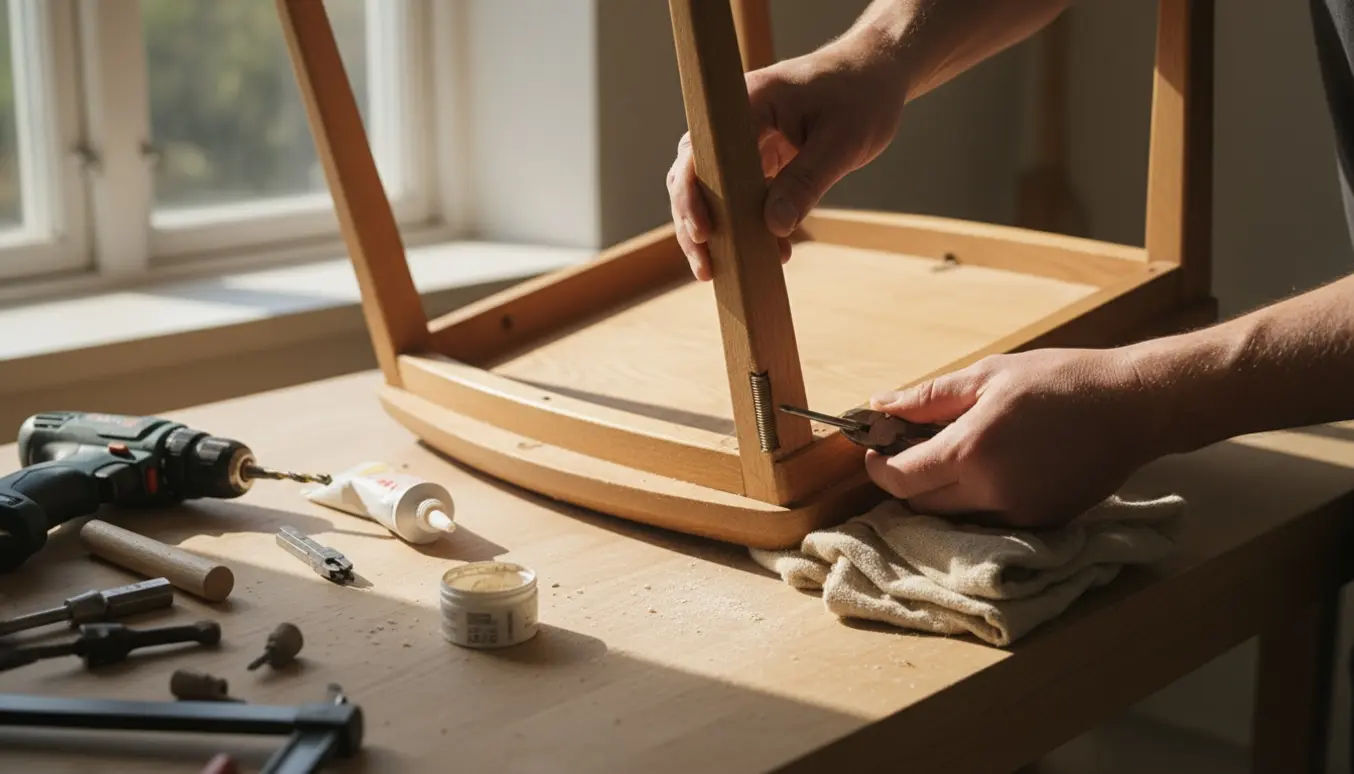 Nærbillede af hænder, der genmonterer et stoleben i et slidt gevind på en træstol.