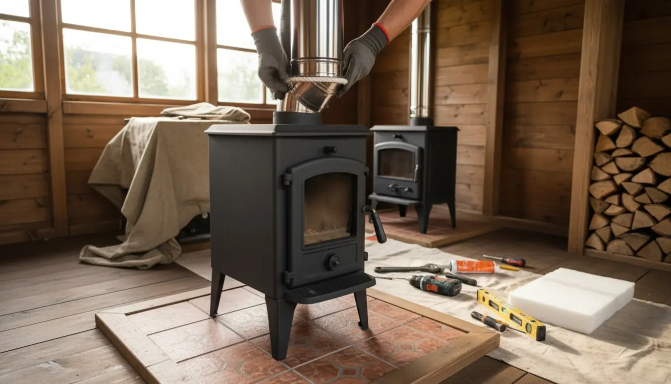 Arbejde med at montere en ny brændeovn i et lyst sommerhus, hvor handske‑klædte hænder fører skorstenen gennem loftet.