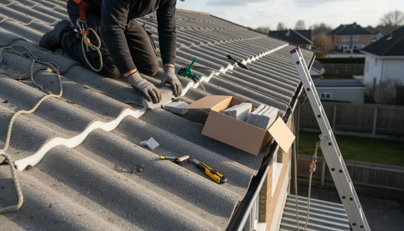 Håndværker isætter skumbølgeklodser i rygningen på et gråt eternittag.