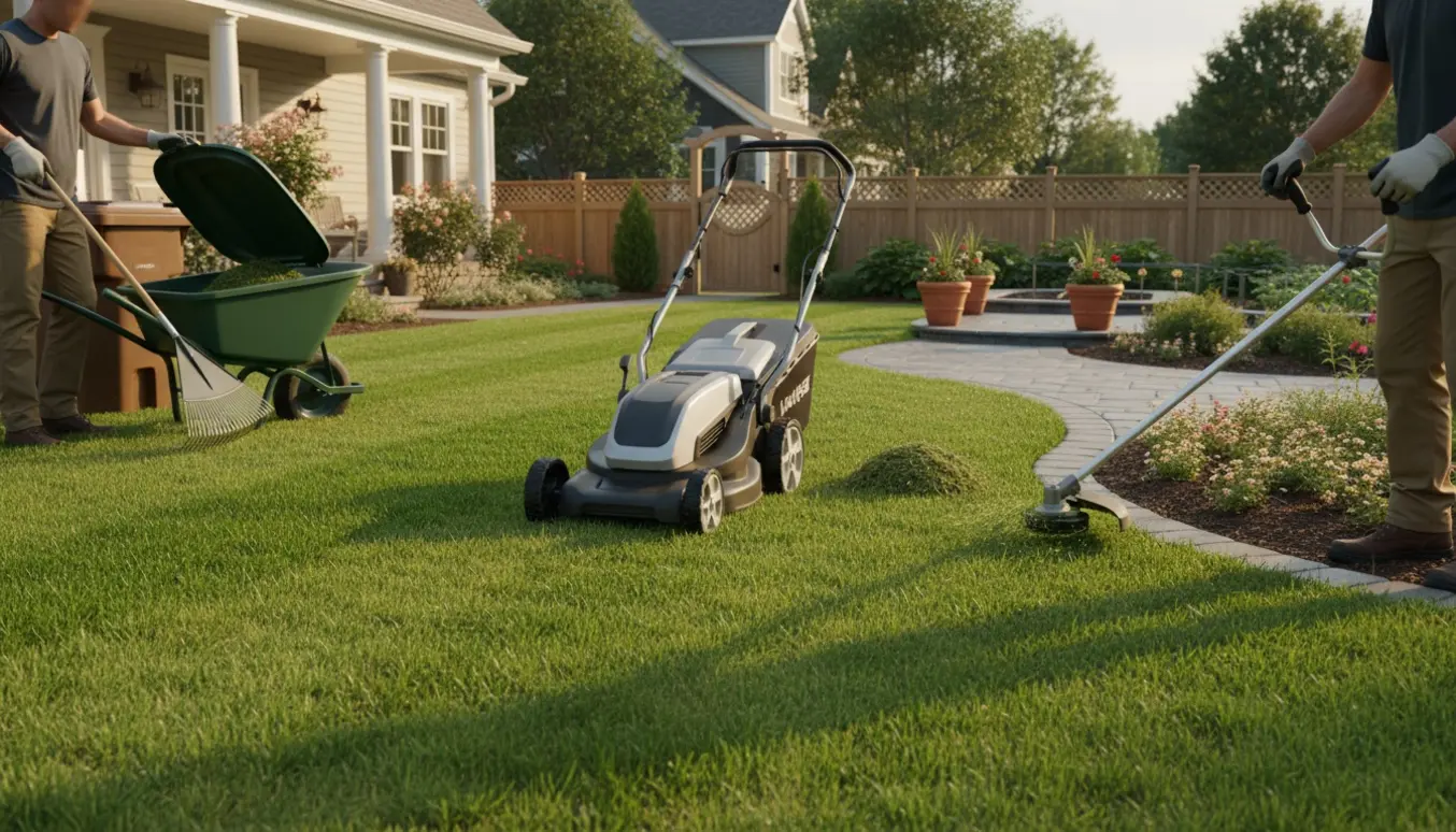 Græsslåning, kanttrimning og bortskaffelse af afklip i for- og baghave med plæneklipper og trimmer.