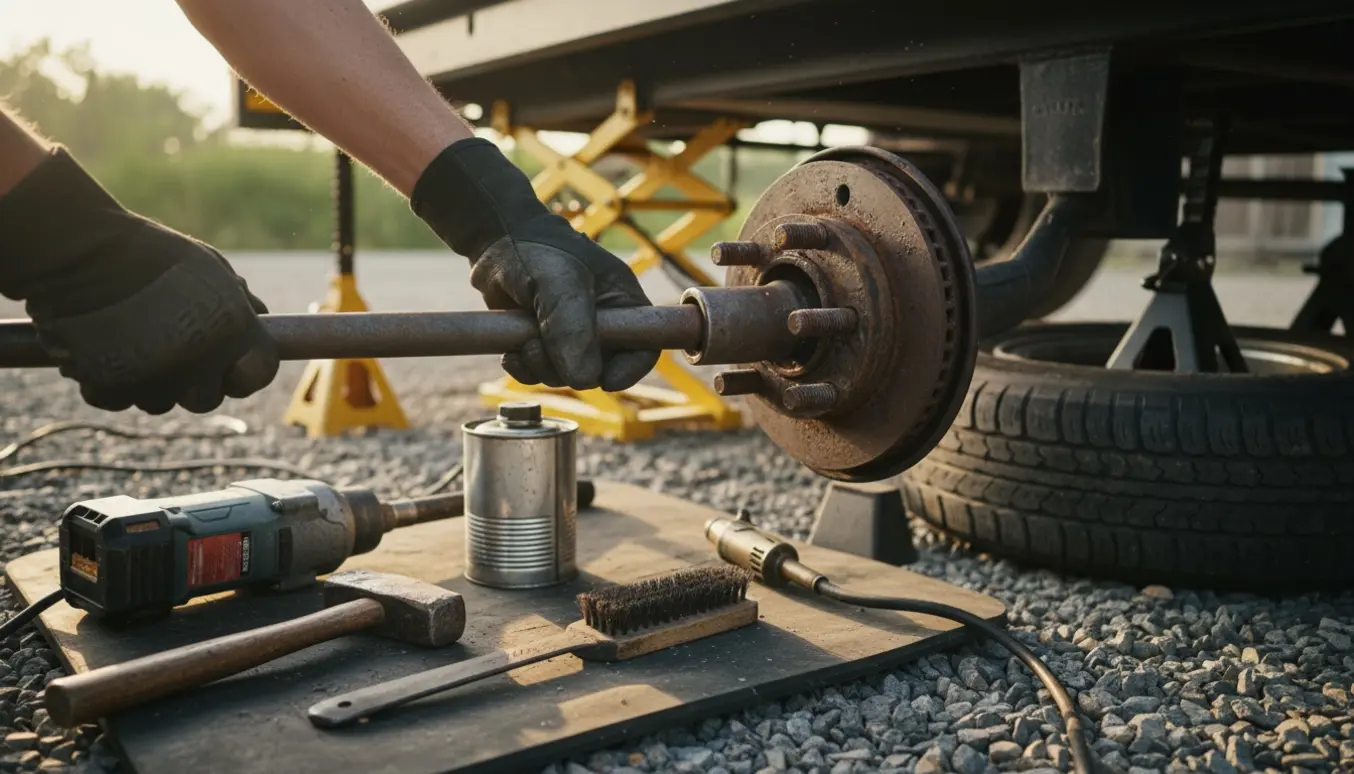 Nærbillede af to rustne bolte på et trailerhjul, mens handske-klædte hænder forsøger at løsne dem med en lang skralde og penetrerende olie.