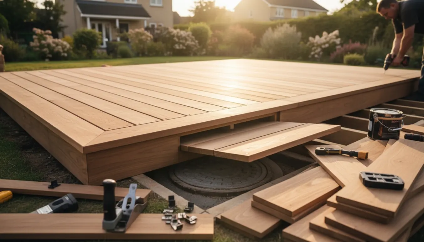 Nybygget træterrasse med åben låge til kloakdæksel, matchende afslutning og skjulte skruer.