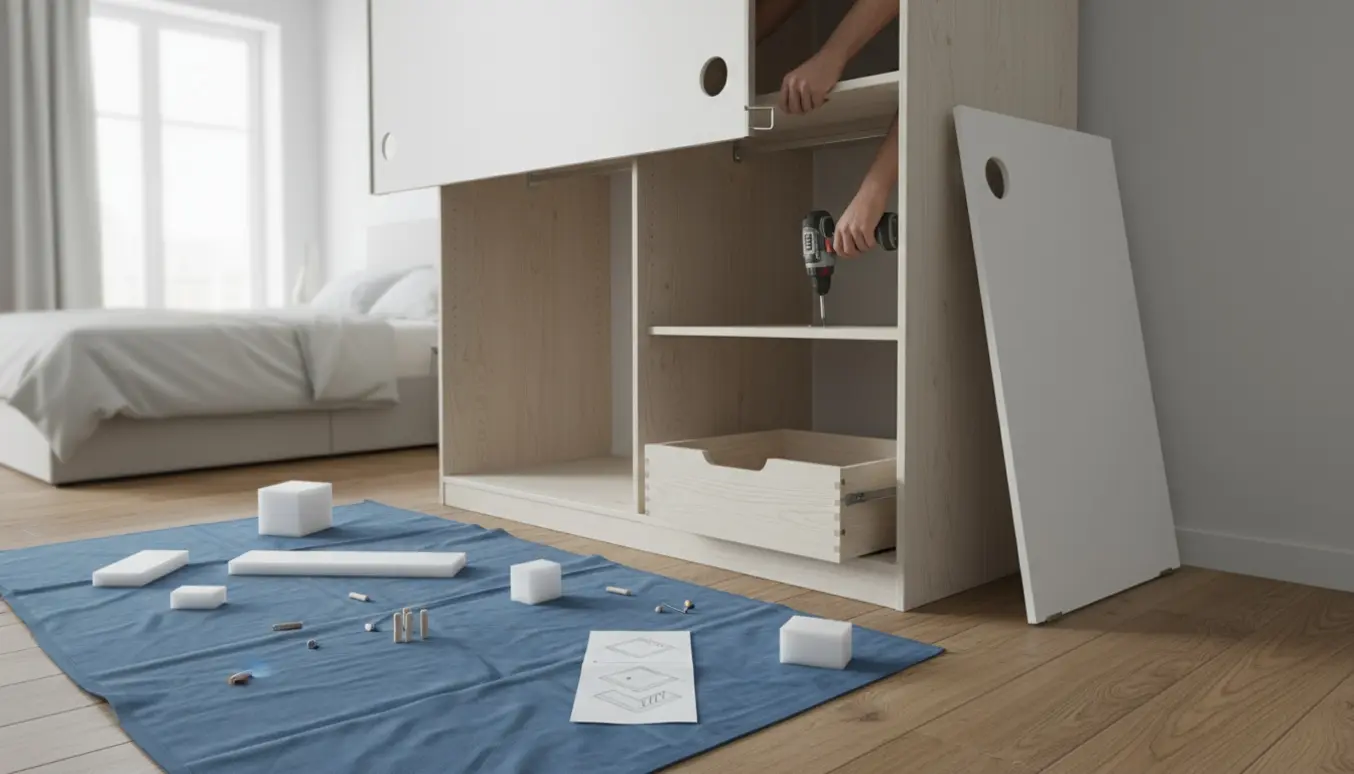 Delvist samlet skab med skydedøre, hylder og skuffe i færd med at blive monteret i et lyst værelse.