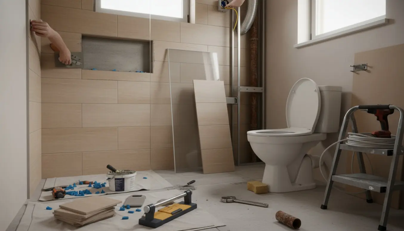 Partielt renoveret badeværelse med opsatte fliser i bruseniche, en stor glas brusevæg, løbende gulvtoilet og værktøj spredt omkring.