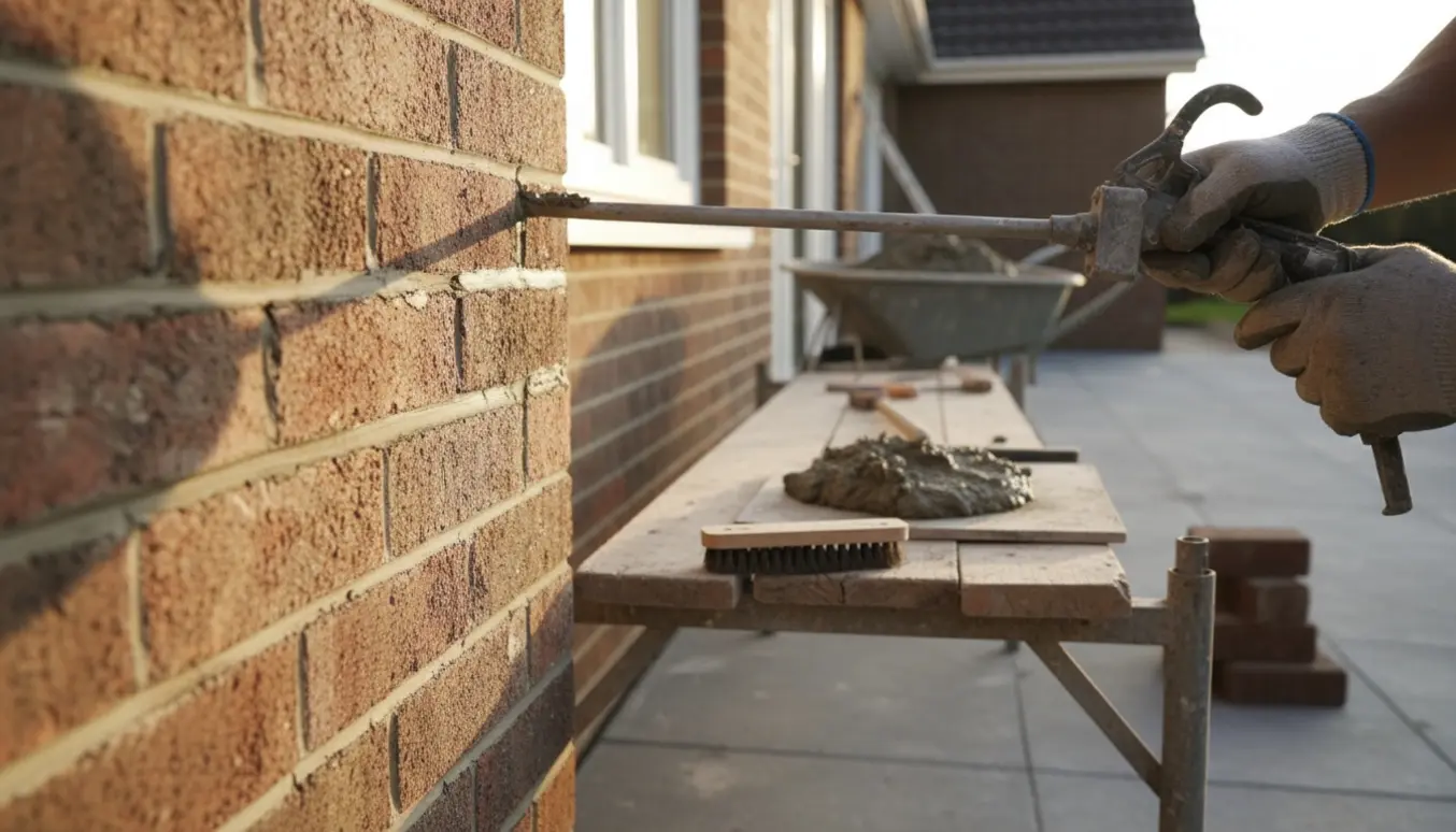 Nærbillede af en murstensfacade med håndværkerhænder, der fylder nye fuger med mørtel, med stillads og mørtelvogn i baggrunden.