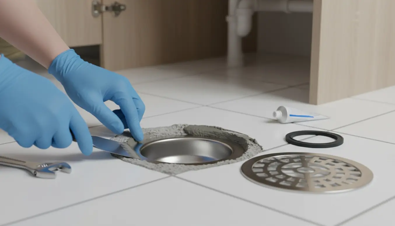 Nærbillede af reparation af gulvafløb under vask med synlig betonkant og en hånd i arbejdshandske, der påfører tætningsmørtel.