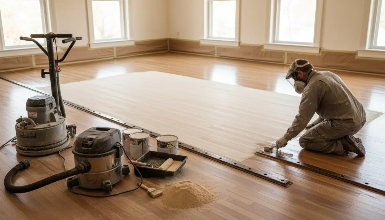 Delvist slebet trægulv i et lyst rum med lakudstyr og dørtrin klar til lakering.