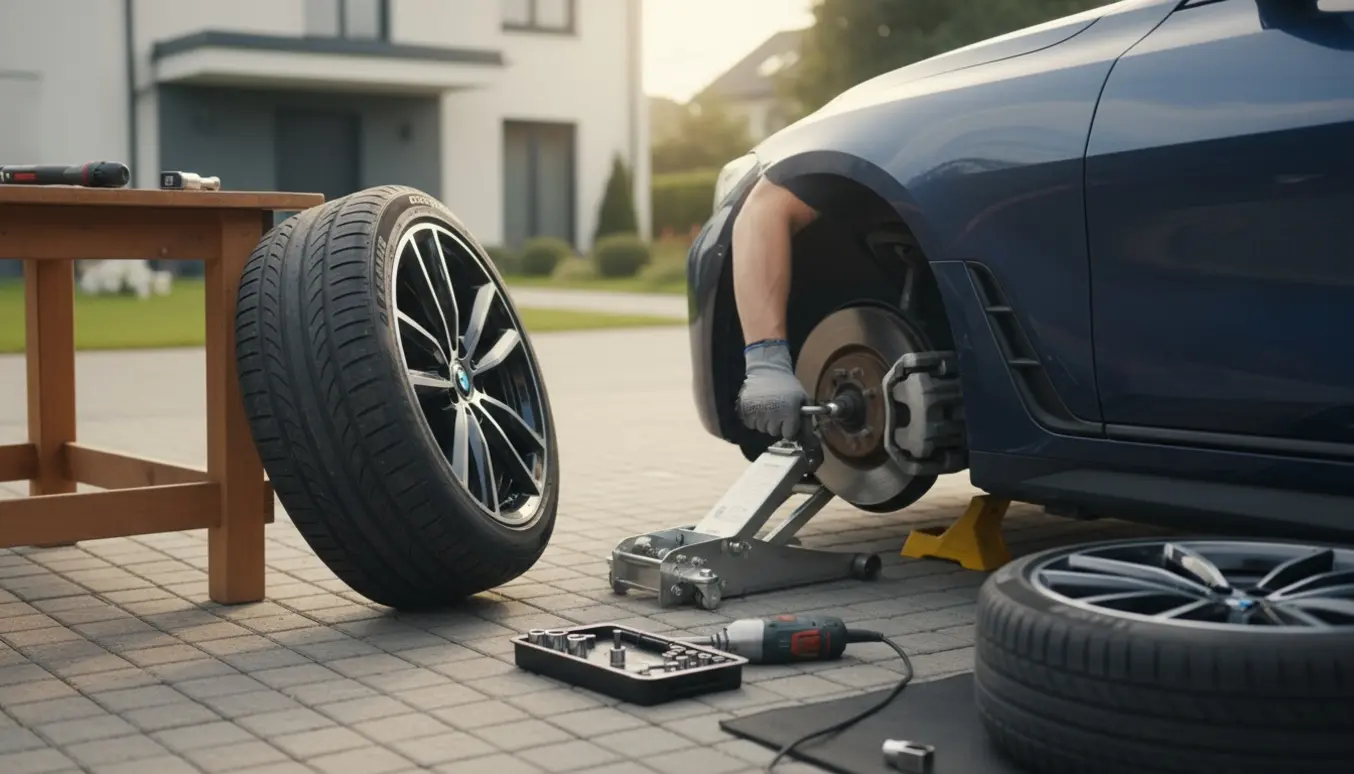 En person skifter et hjul på en BMW i4 med donkraft og værktøj på indkørslen.