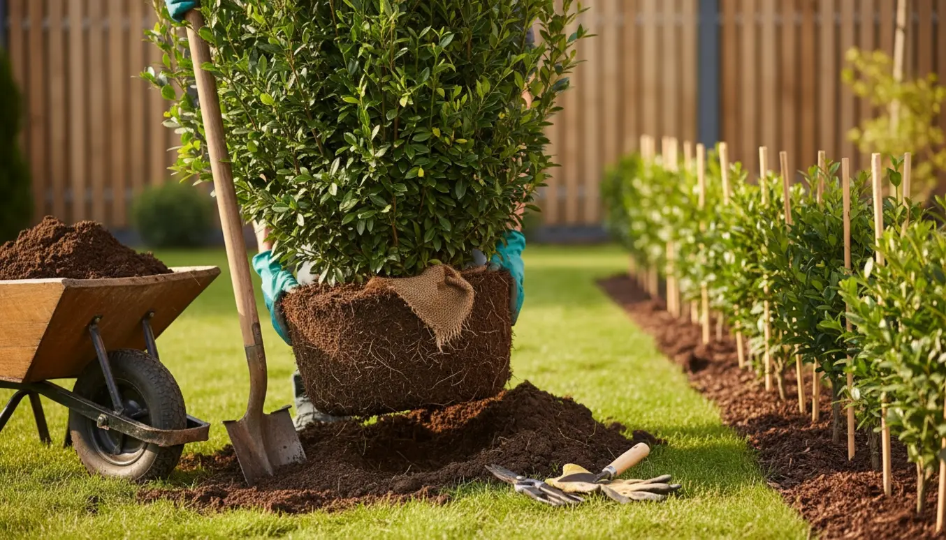 Opgravning og genplantning af en 1,5 meter ligusterhæk med spade, trillebør og nypotede planter i en solrig have.