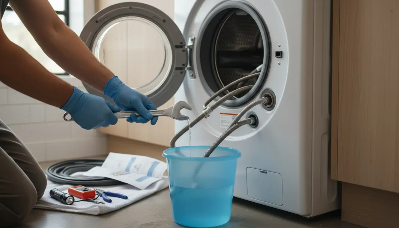 Hænder reparerer en frontbetjent vaskemaskine ved at løsne vandtilførselslange over en balje i et lyst bryggers.