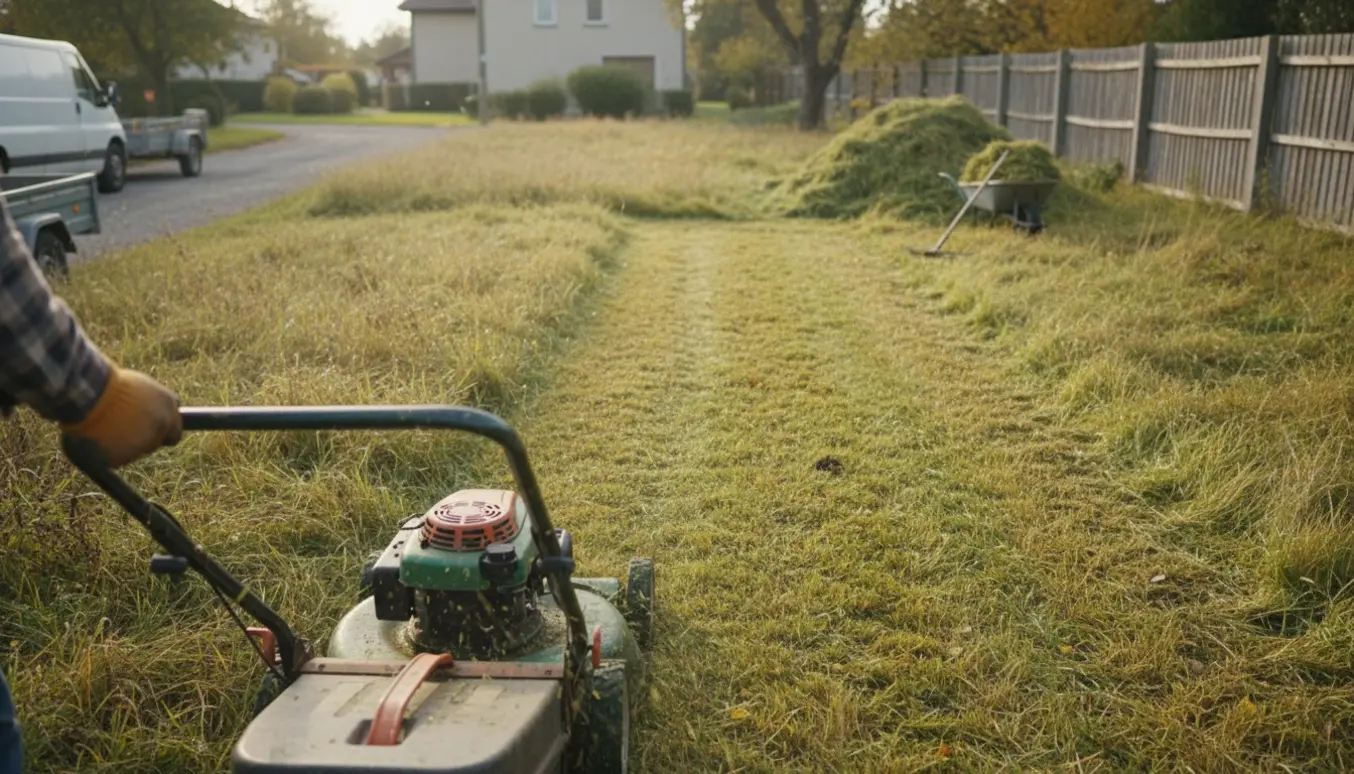 Overgroet græsplæne på ca. 500 m² med en plæneklipper, nyslået stribe og en bunke afklip for enden af haven.