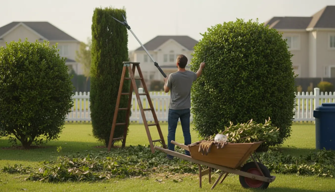 En person trimmer en høj cypres og en tæt kristtjørn i en villahave med afklippede grene i en trillebør.