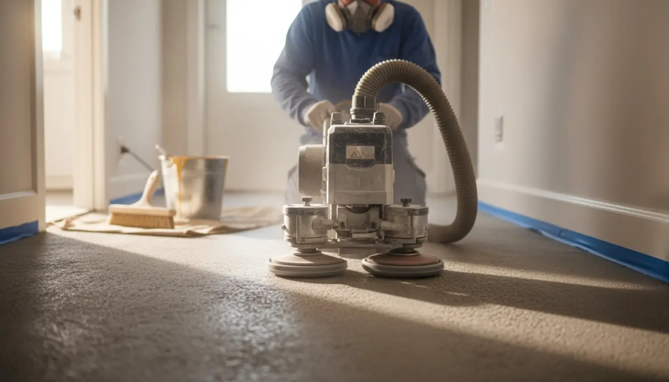 En håndværker sliber et råt betongulv i en smal baggang med gulvsliber og støvsuger, klar til voksbehandling.