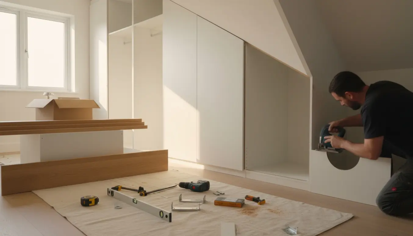 Indbygget Ikea PAX-skab tilpasset under en skråvæg med håndværker der måler og saver topstykke.