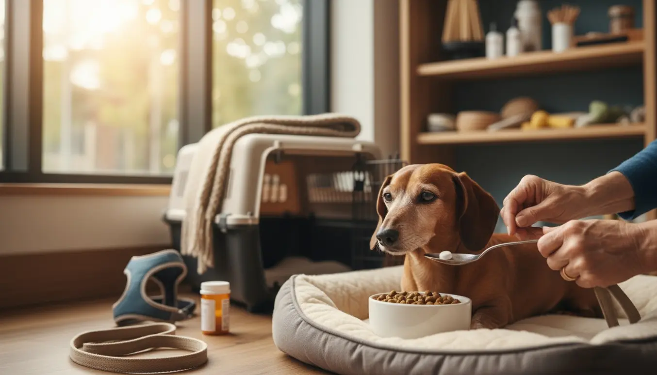 En gravhund ligger trygt på en seng, mens hænder placerer medicin ved madskålen i et solrigt hundepensionmiljø.