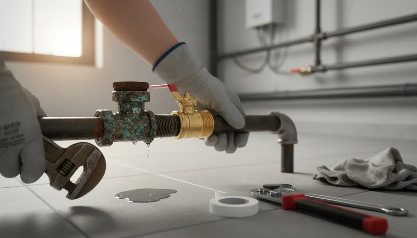 Nærbillede af hænder, der udskifter en rusten tee og monterer en ny kuglehane på et jernrør.