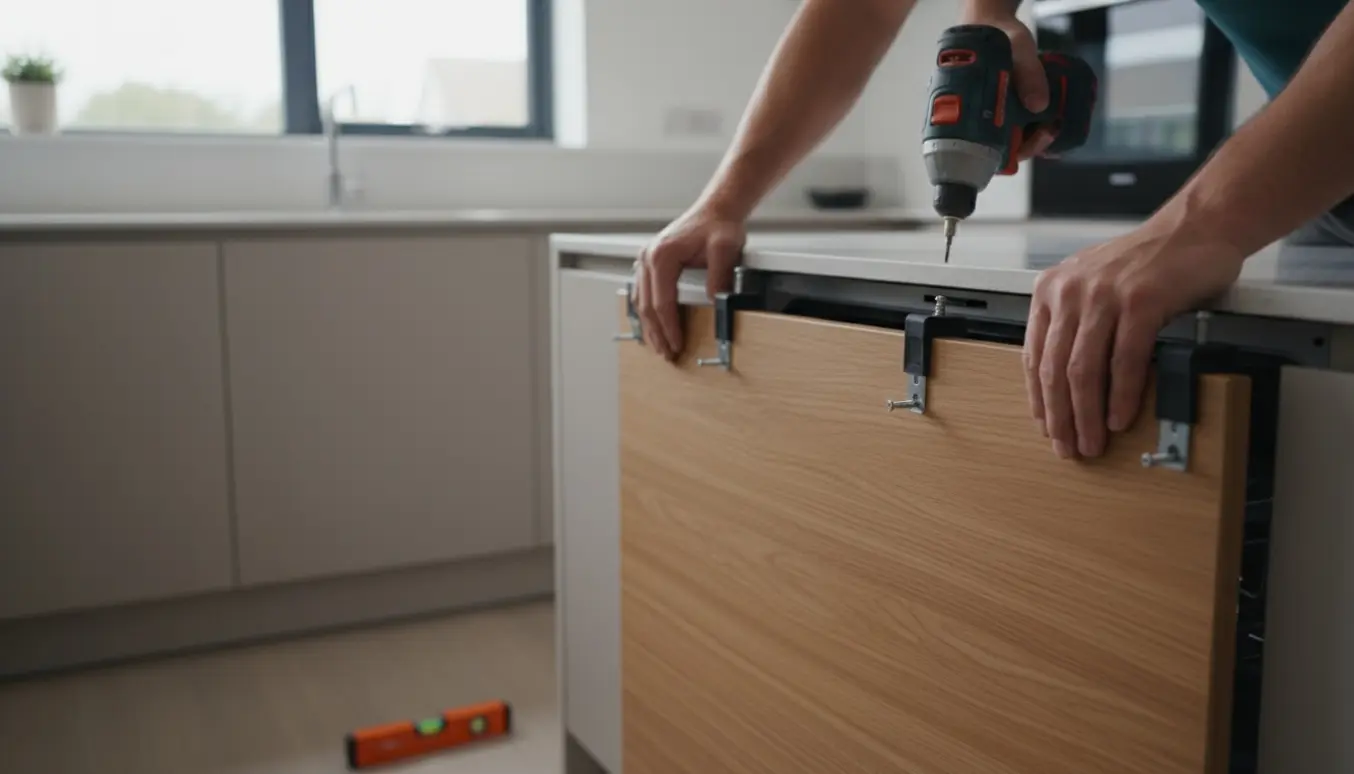 Hænder monterer en træfront på en integreret opvaskemaskine med beslag og værktøj på køkkenbordet.