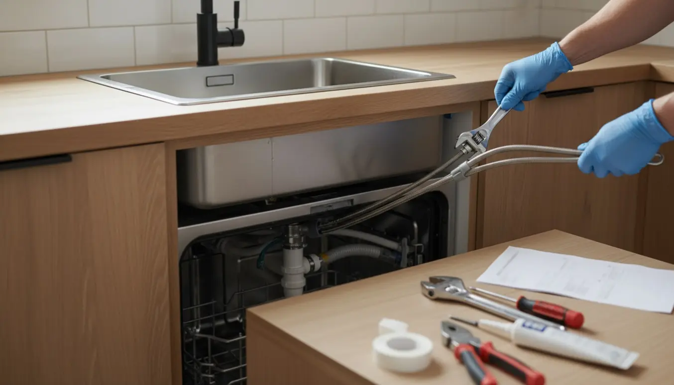 Indbygget opvaskemaskine og vask installeres i et moderne køkken, hænder tilslutter vand- og afløbsslanger.