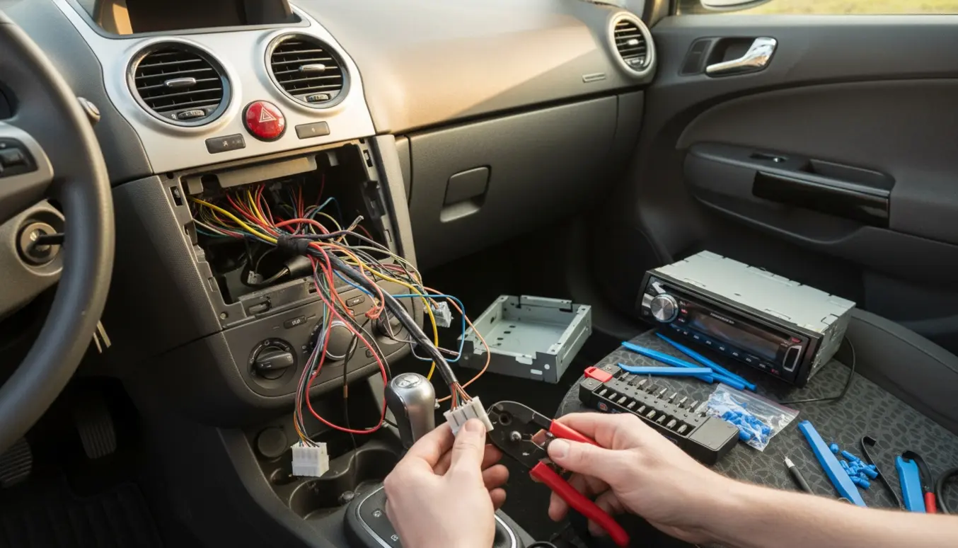 Hænder installerer en 1-DIN bilradio i instrumentbrættet på en 2012 Opel Corsa D med fjernede paneler og værktøj.