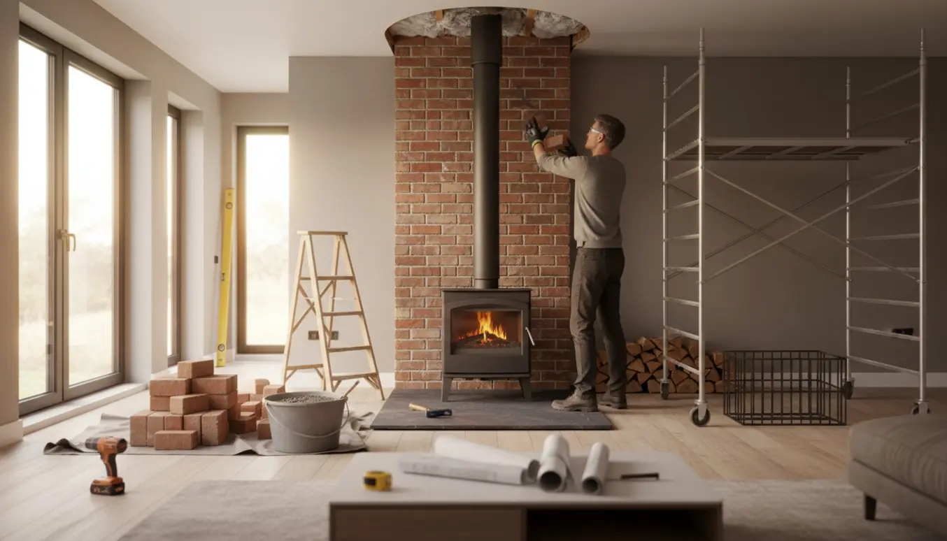 Stue midt i huset med en ny brændeovn og en delvist opført indvendig skorsten gennem loftet, omgivet af værktøj og byggematerialer.