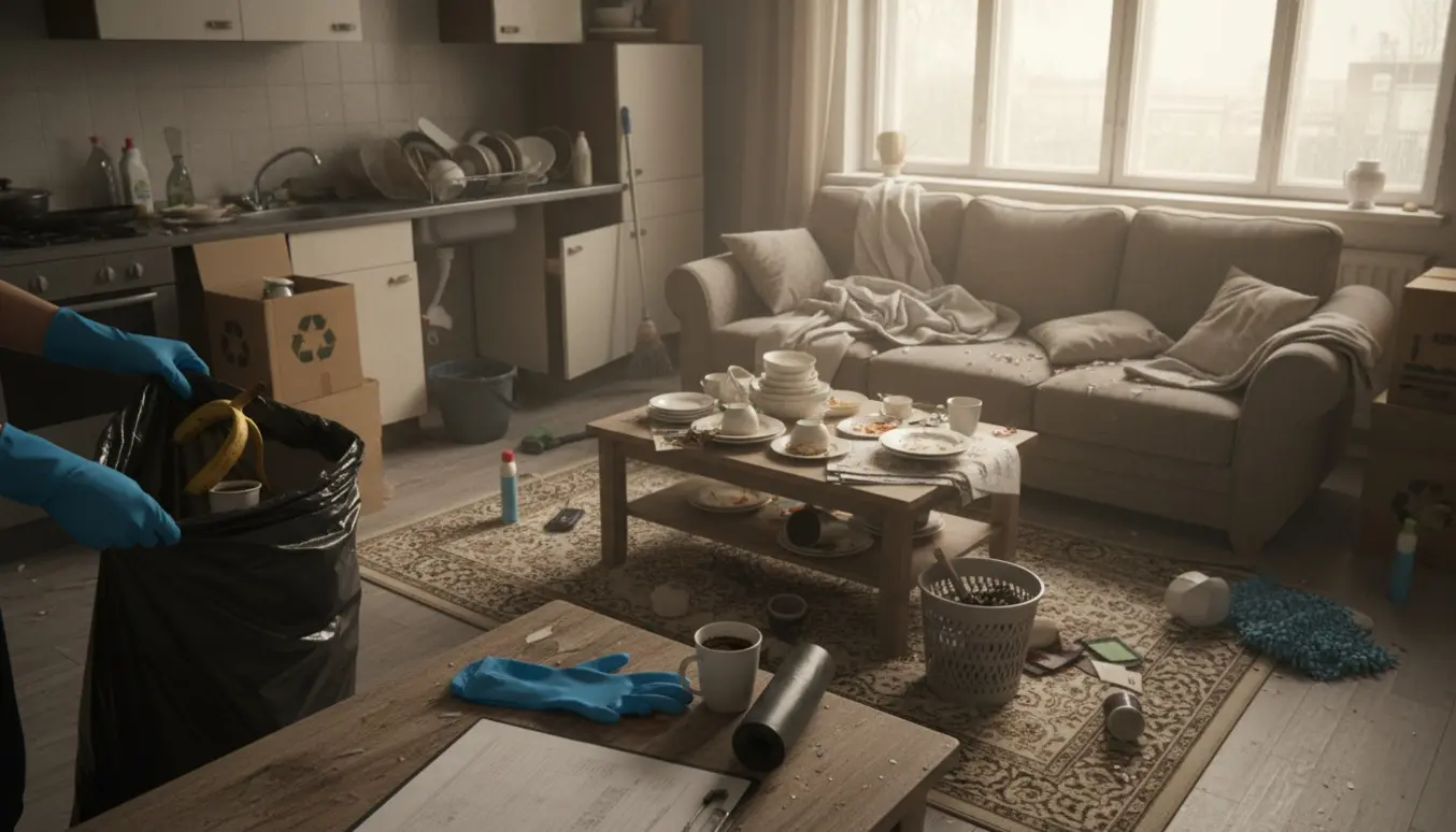Gummihandsker samler affald i en rodet stue og lille køkken under rengøring i dagslys.