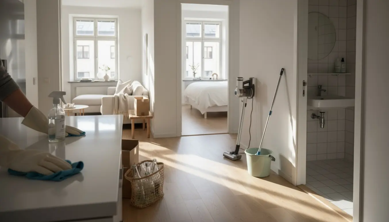 En lys, rengjort lejlighed med hænder, der tørrer en køkkenoverflade, sammenklappede papkasser, en pose til pant, støvsuger og moppe i baggrunden.