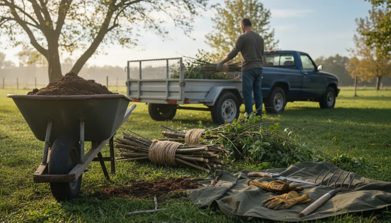 Trillebør med muldjord og en bunke grene klar til bortskaffelse i en have.