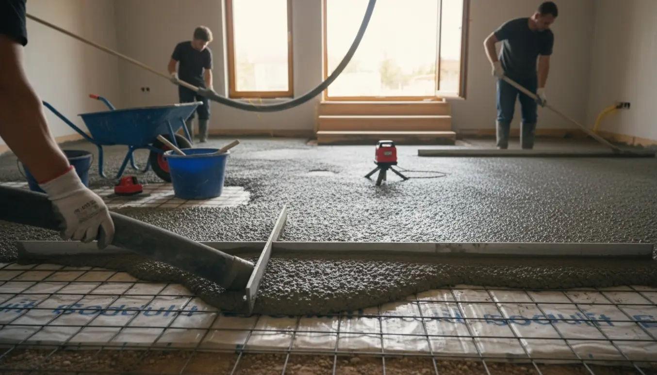 Frisk beton pumpes og udjævnes over sondulit og rionet gennem et vindue i to tilstødende rum.