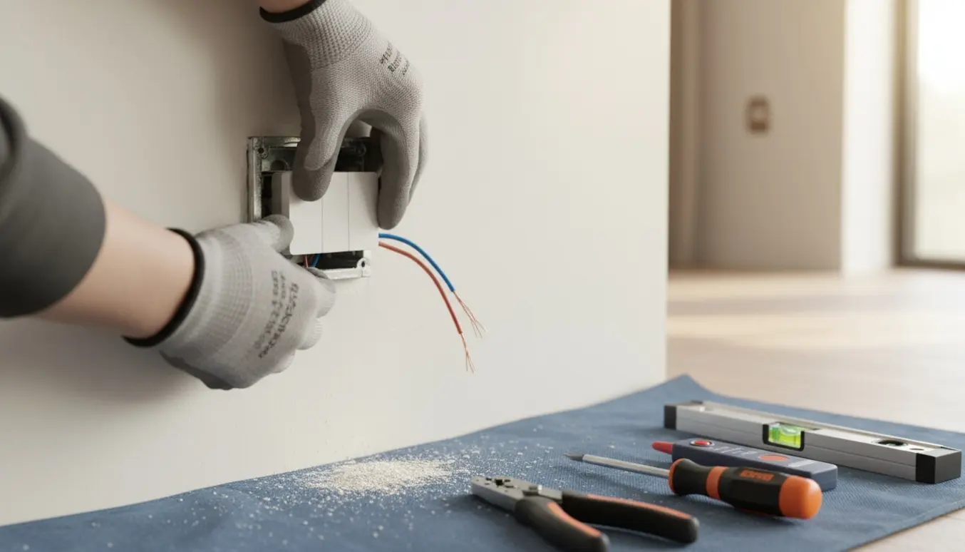 Nære hænder monterer en flad stikkontakt i væggen med værktøj og ledninger synlige.
