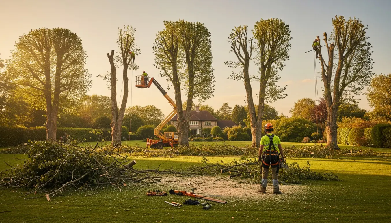 Arborister topkapper seks høje træer og fjerner store grene, så sollys kommer ind på grunden.