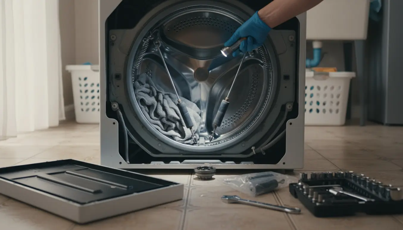 Tekniker inspicerer en åben tromle og defekt støddæmper ved en vaskemaskine med værktøj på gulvet.