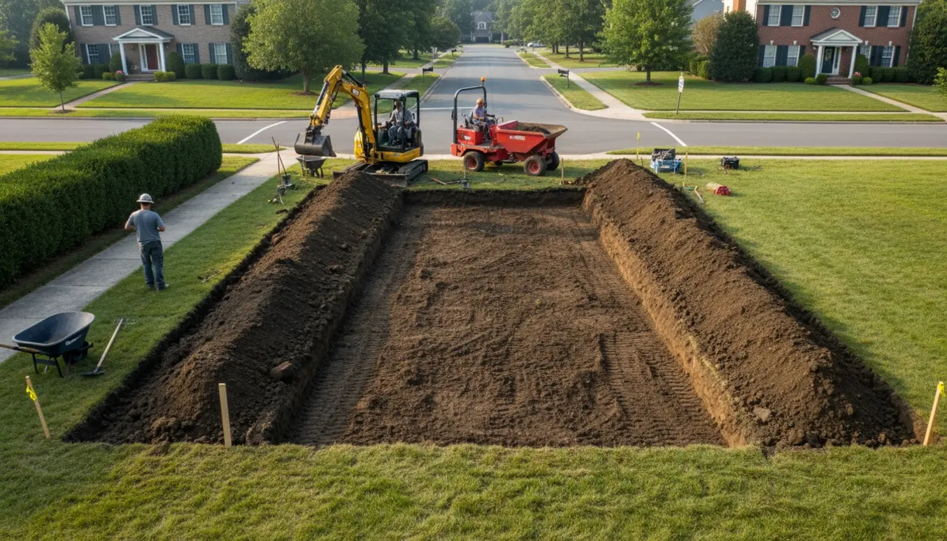 Udgravning af et stort rektangulært område på græsplænen med jordbunker, minigraver og dumper ved vejkanten.