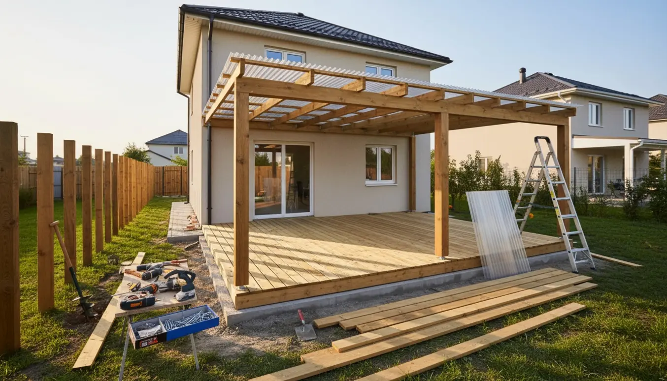 Delvist opført overdækket træterrasse med værktøj og rejsede stolper til opførelse af hegn.