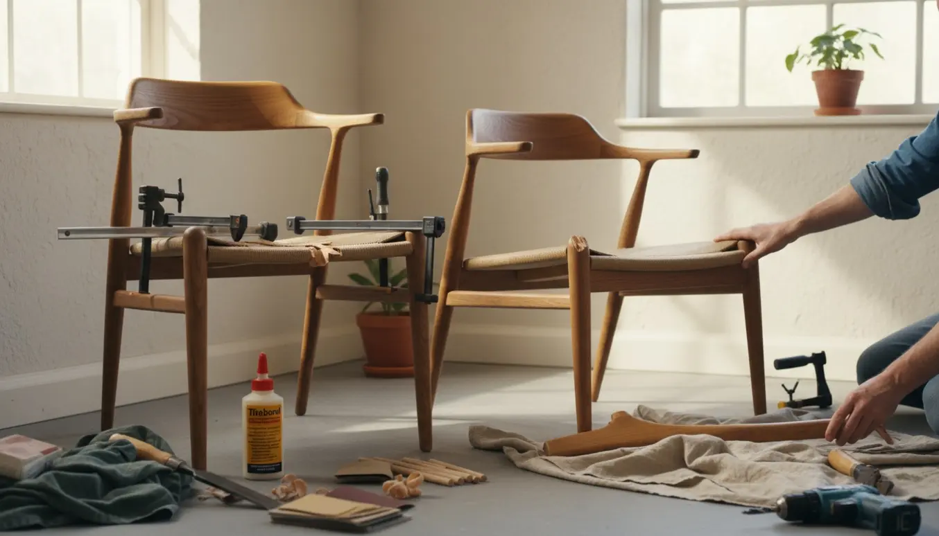 To Wegner-stole i et lyst værksted, en Y-stol med knækket ryglæn og en lænestol med afbrækket armlæn omgivet af reparationsværktøj.