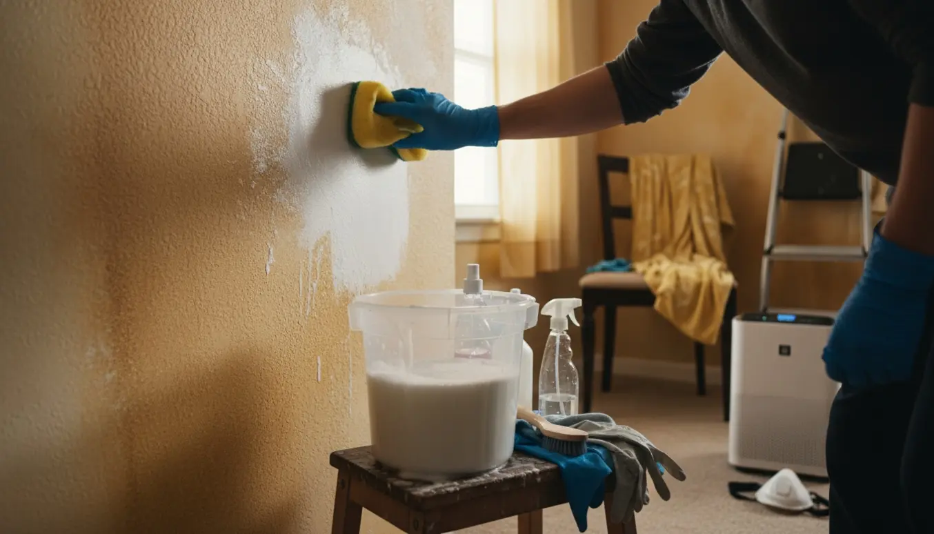 Hænder i handsker skrubber en nikotingulnet væg og afslører en ren, hvid plet, omgivet af rengøringsudstyr og åben vindue.