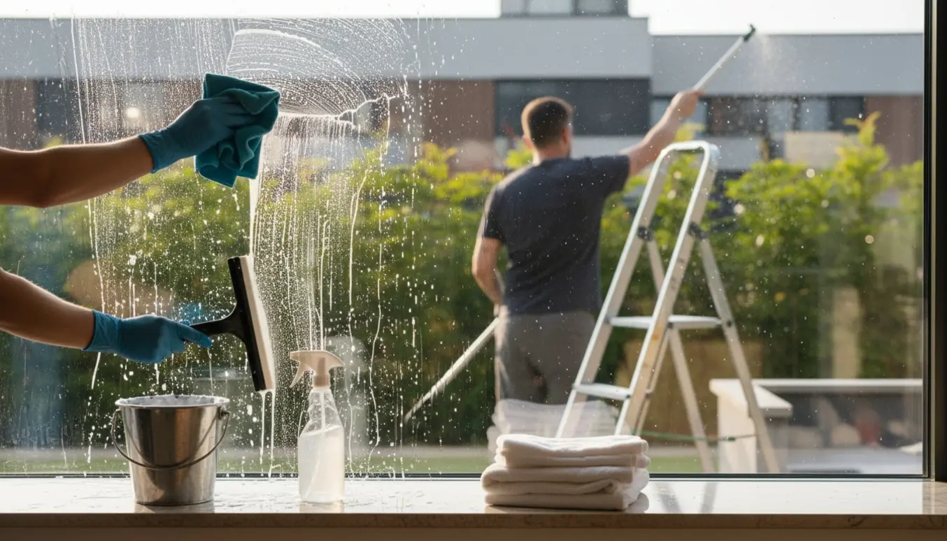 Indvendig og udvendig vinduespudsning med vinduesskraber og mikrofiberklud, uden synlige ansigter.