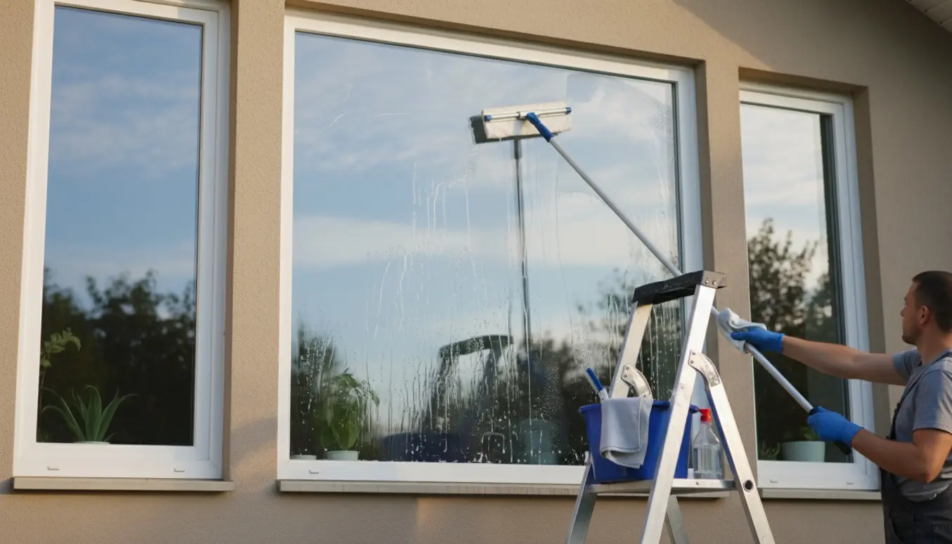 Udvendig vinduespolering på 1. sal med stige, vinduesvisker og klud ved et stort vinduesparti og to to-delte vinduer.