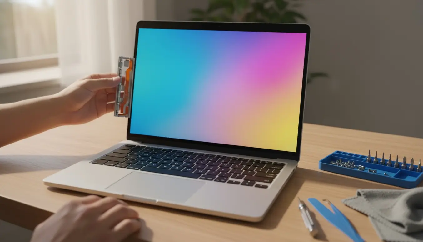 Åben bærbar med løs hængsel, skærmen adskilt fra kabinettet og præcisionsværktøj på skrivebordet.