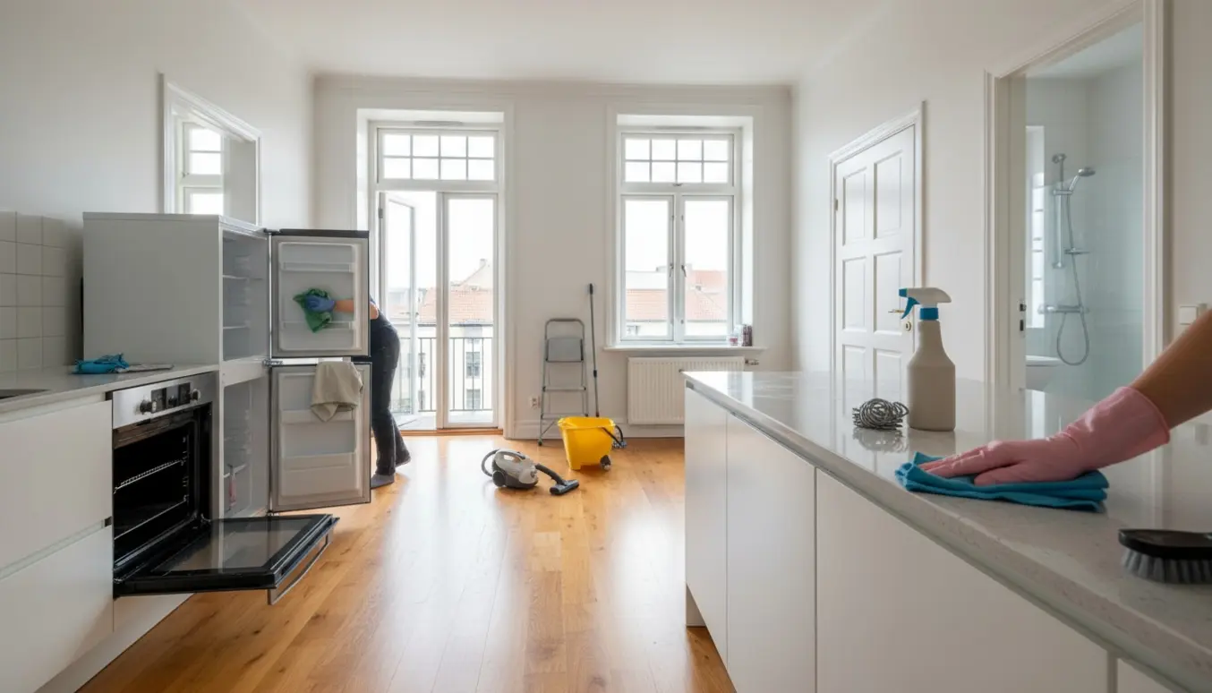 Hænder i gummihandsker rengør en lys københavnsk lejlighed med åbne franske altandøre, ovn og køleskab.