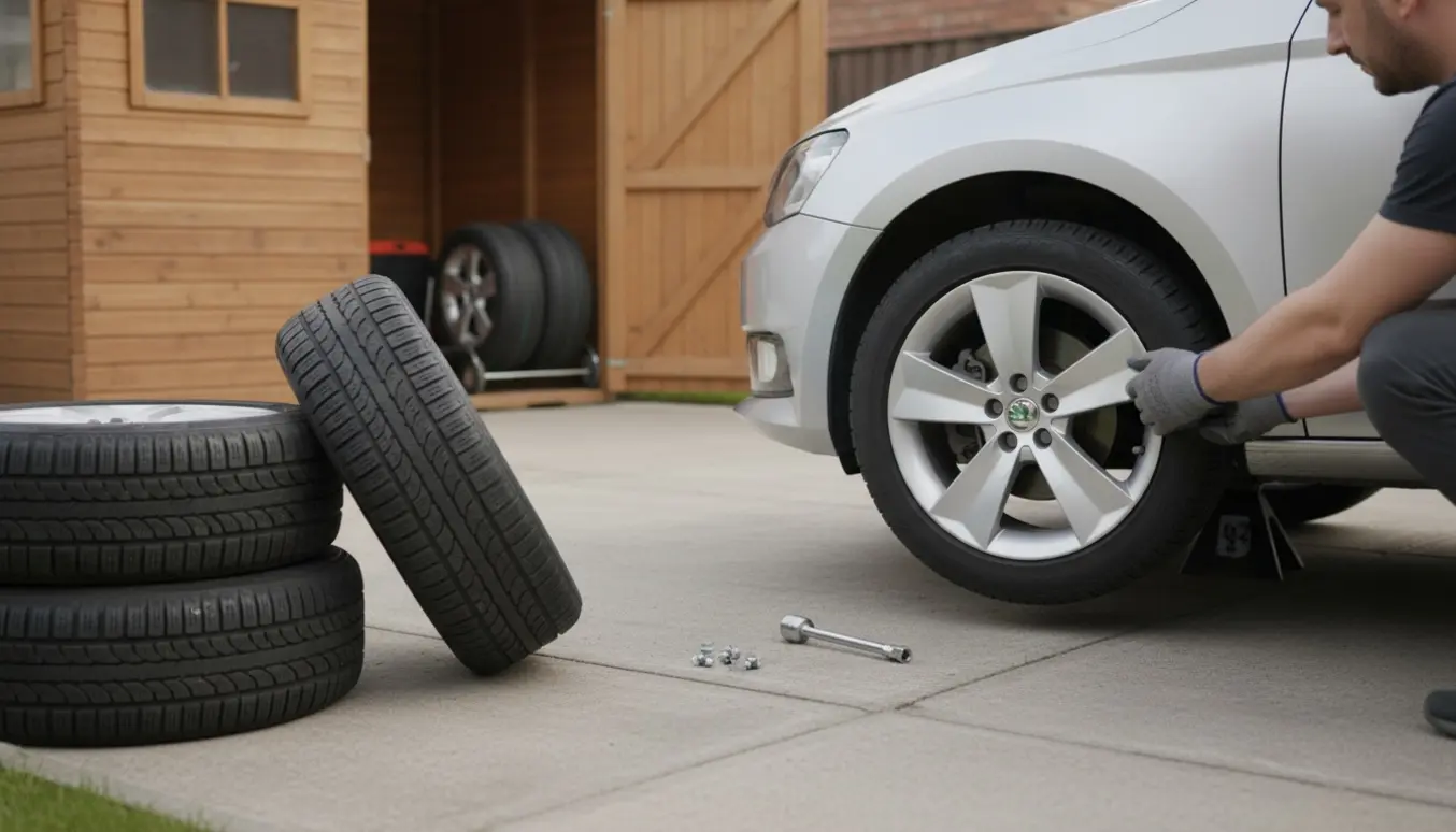 En person monterer sommerdæk på en sølv hatchback i indkørslen, mens vinterdæk bæres ind i skuret.